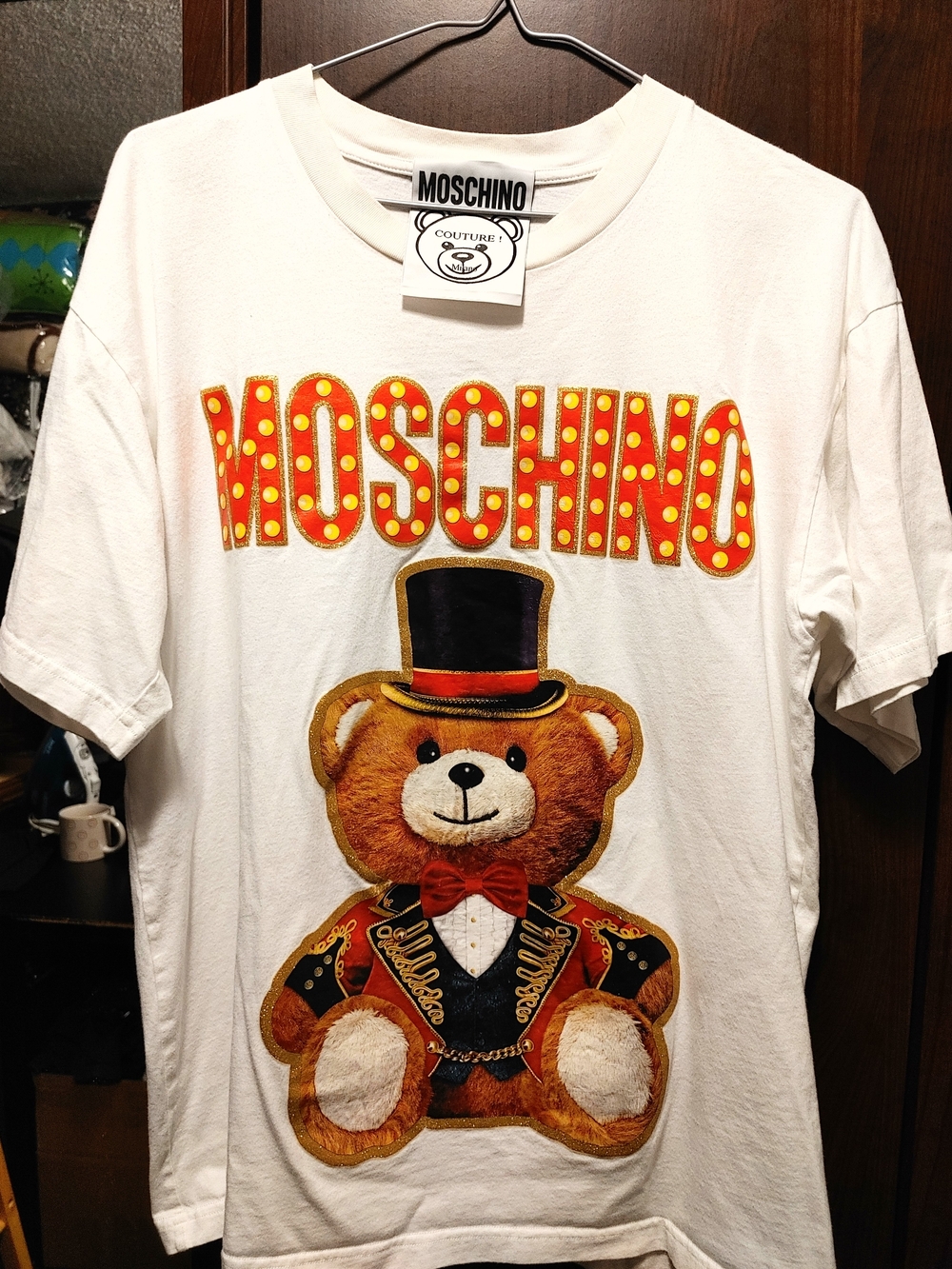 Moschino White Tee with Red & Gold Teddy Graphic